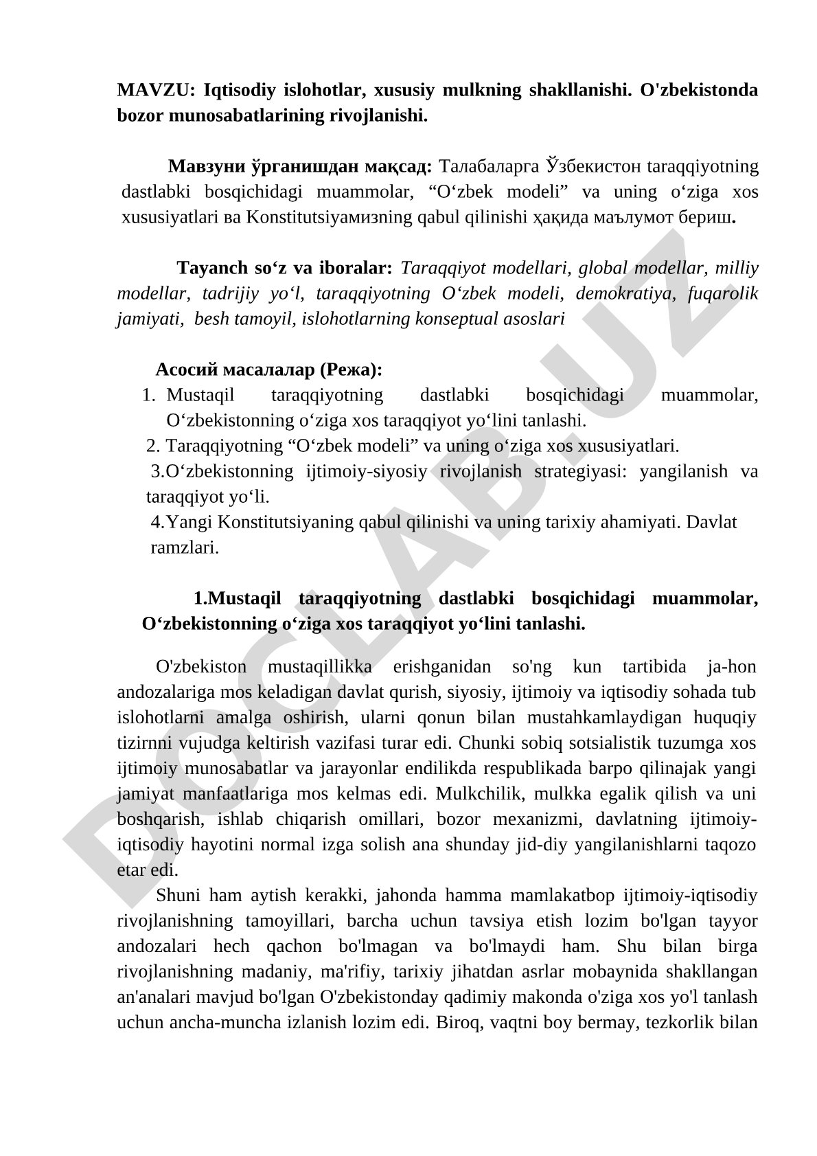 Iqtisodiy islohotlar, xususiy mulkning shakllanishi. O'zbekistonda bozor munosabatlarining rivojlanishi