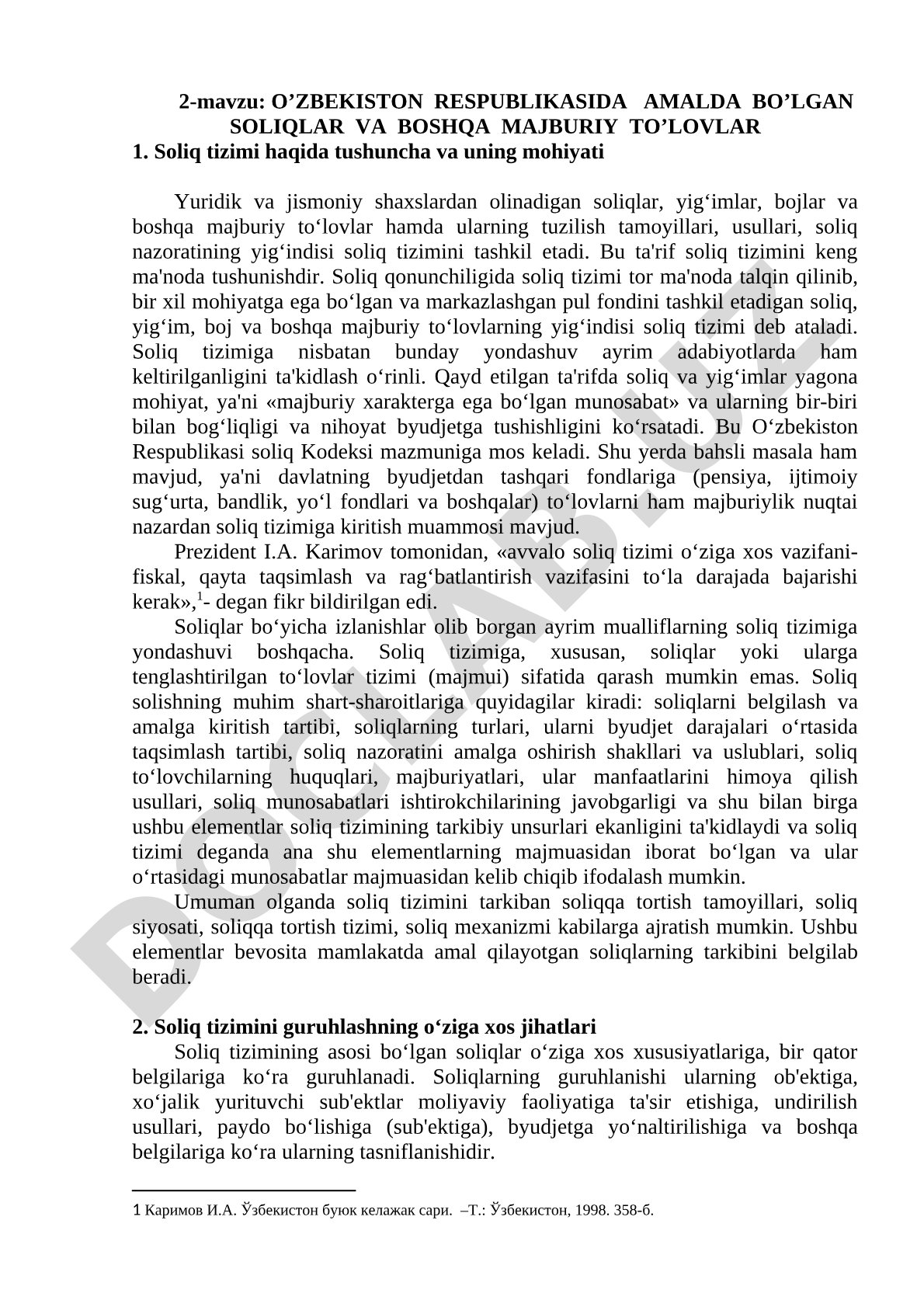 O’ZBEKISTON RESPUBLIKASIDA AMALDA BO’LGAN SOLIQLAR VA BOSHQA MAJBURIY TO’LOVLAR