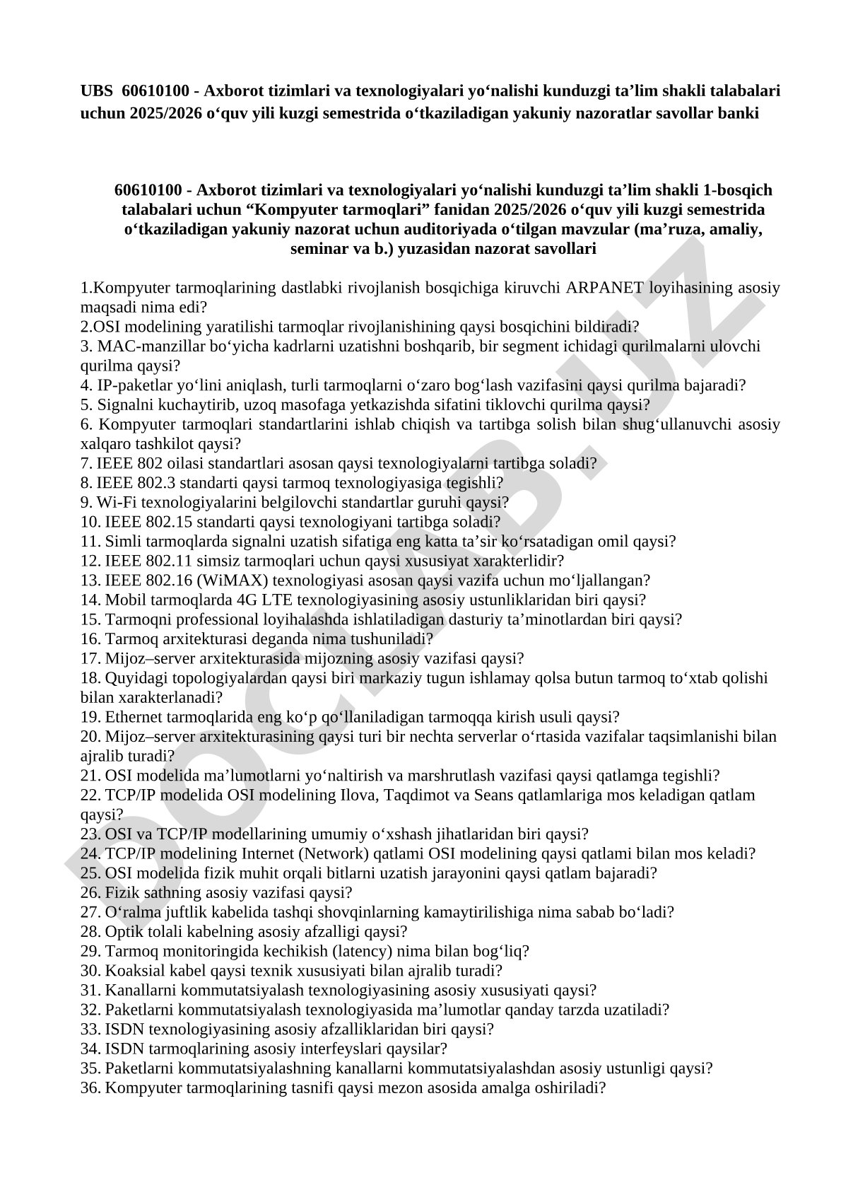 Kompyuter tarmoqlari fanidan yakuniy nazorat savollari