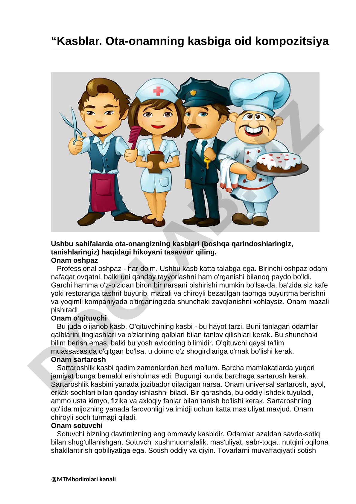 Kasblar. Ota-onamning kasbiga oid kompozitsiya
