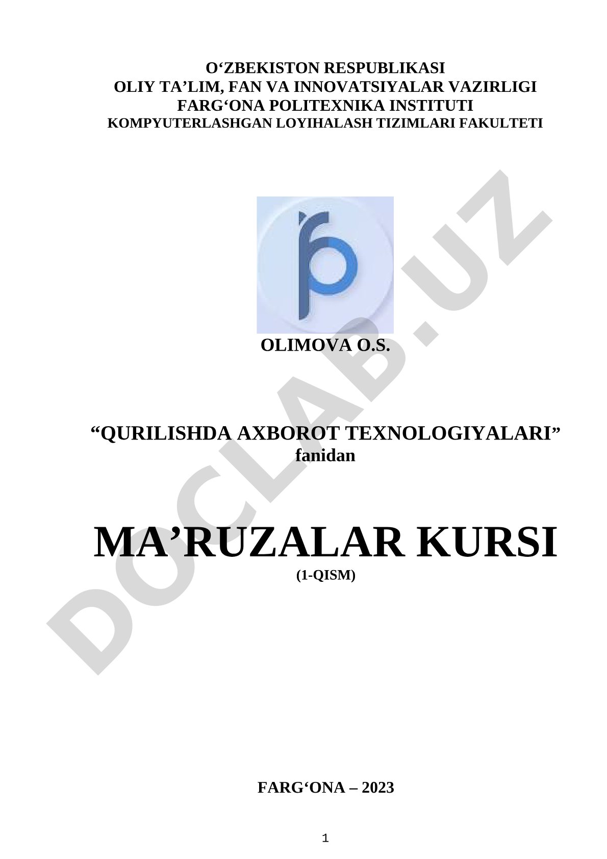 Qurilishda axborot texnologiyalari fanidan ma'ruzalar kursi (1-qism)