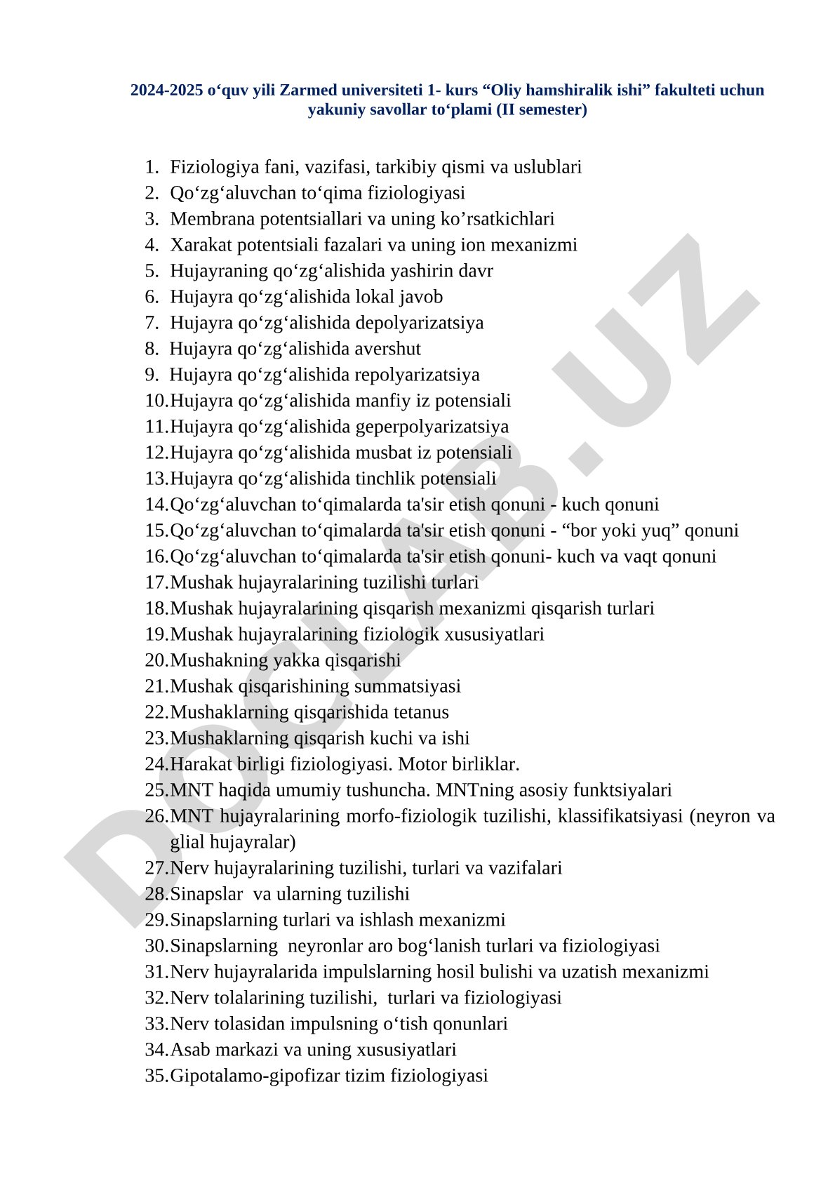 Oliy hamshiralik ishi fakulteti uchun yakuniy savollar to‘plami Fiziologiya fani