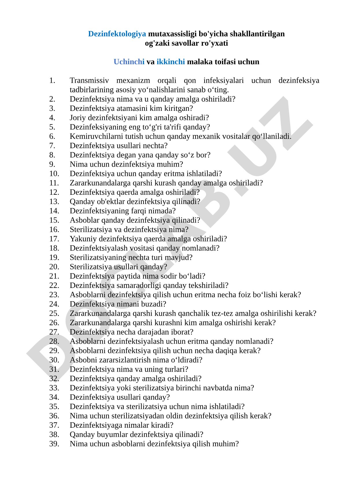 Dezinfektologiya mutaxassisligi bo'yicha og'zaki savollar ro'yxati