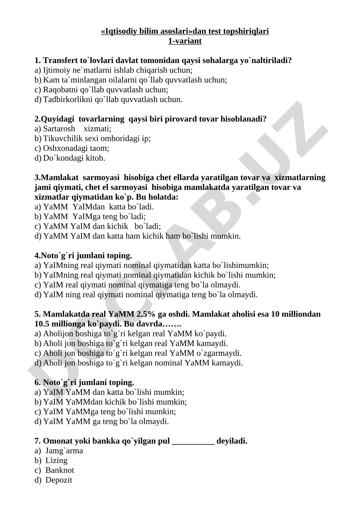 Iqtisodiy bilim asoslari dan test topshiriqlari 1-variant