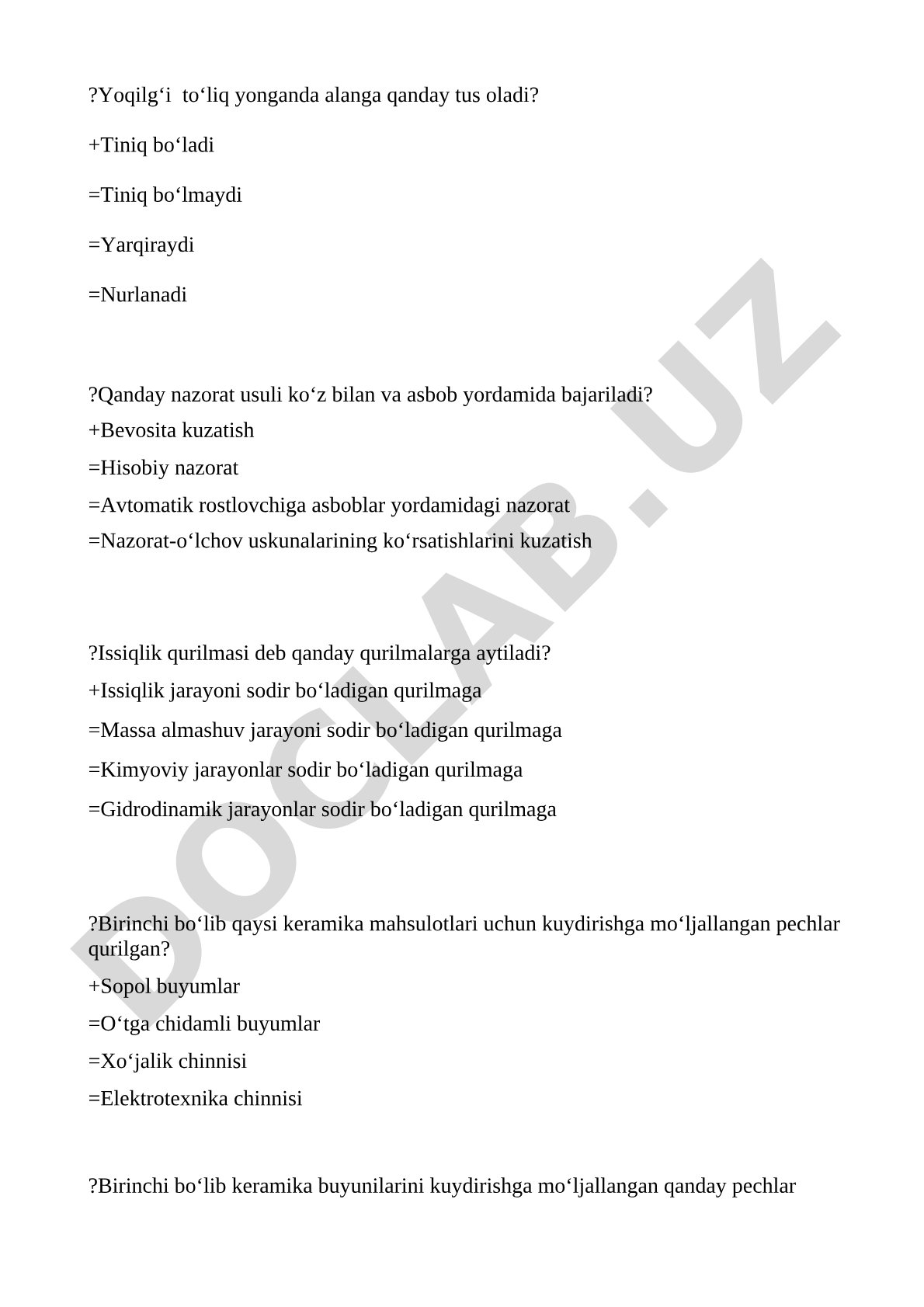 Issiqlik qurilmalari va keramika haqida test savollari
