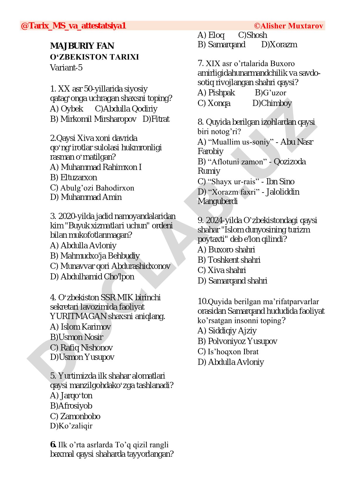 O‘zbekiston tarixi fanidan 5-variant test savollari
