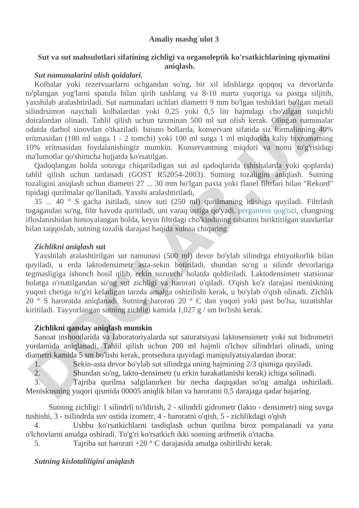 Sut va sut mahsulotlari sifatining zichligi va organoleptik ko'rsatkichlarini aniqlash