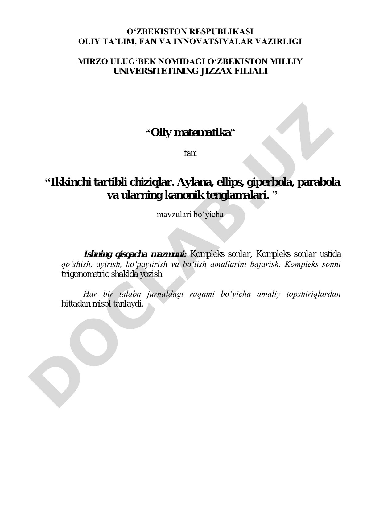 Ikkinchi tartibli chiziqlar. Aylana, ellips, giperbola, parabola va ularning kanonik tenglamalari