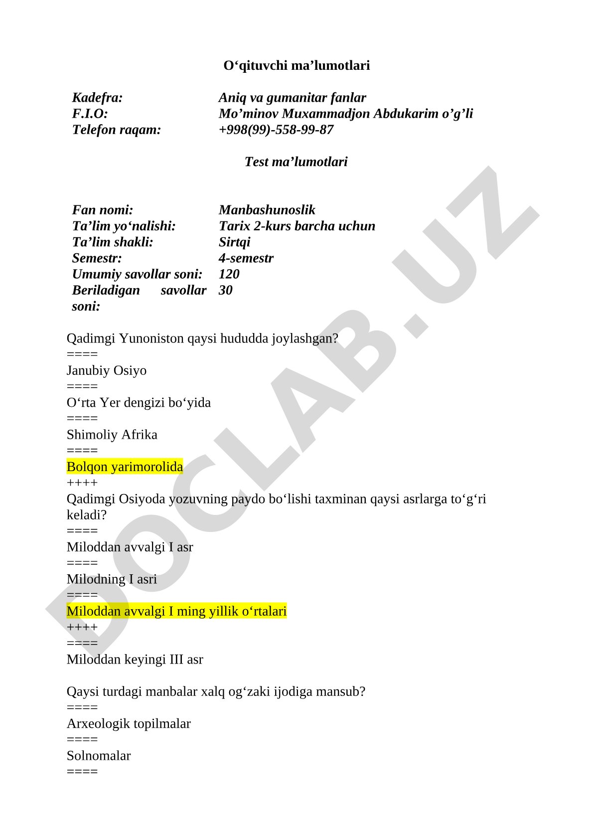 Manbashunoslik fanidan test savollari