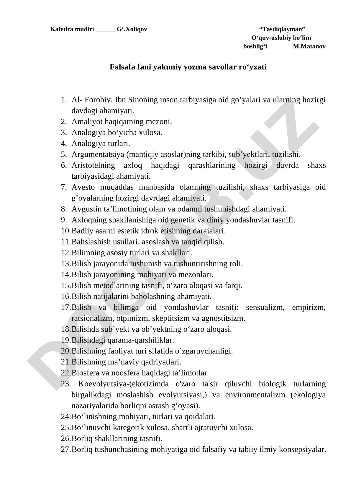 Falsafa fani yakuniy yozma savollar ro'yxati