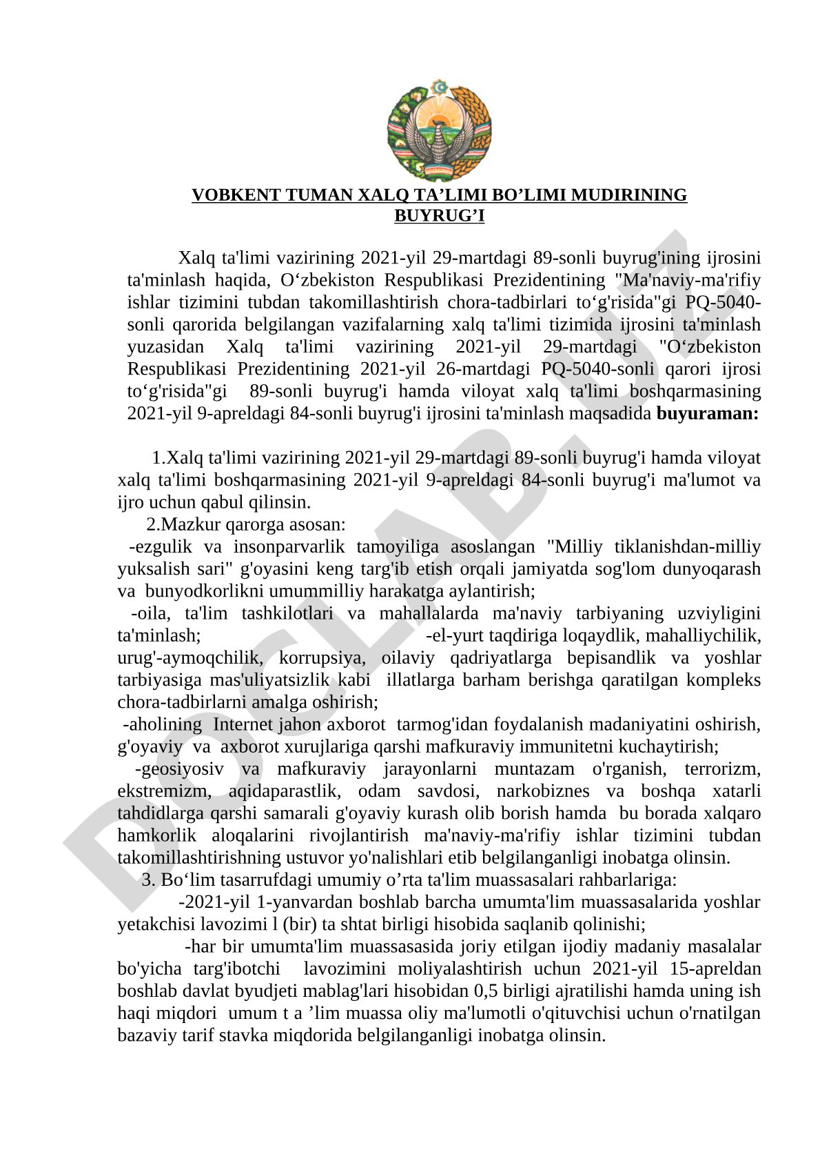 Vobkent tuman xalq ta’limi bo’limi mudirining buyrug’i