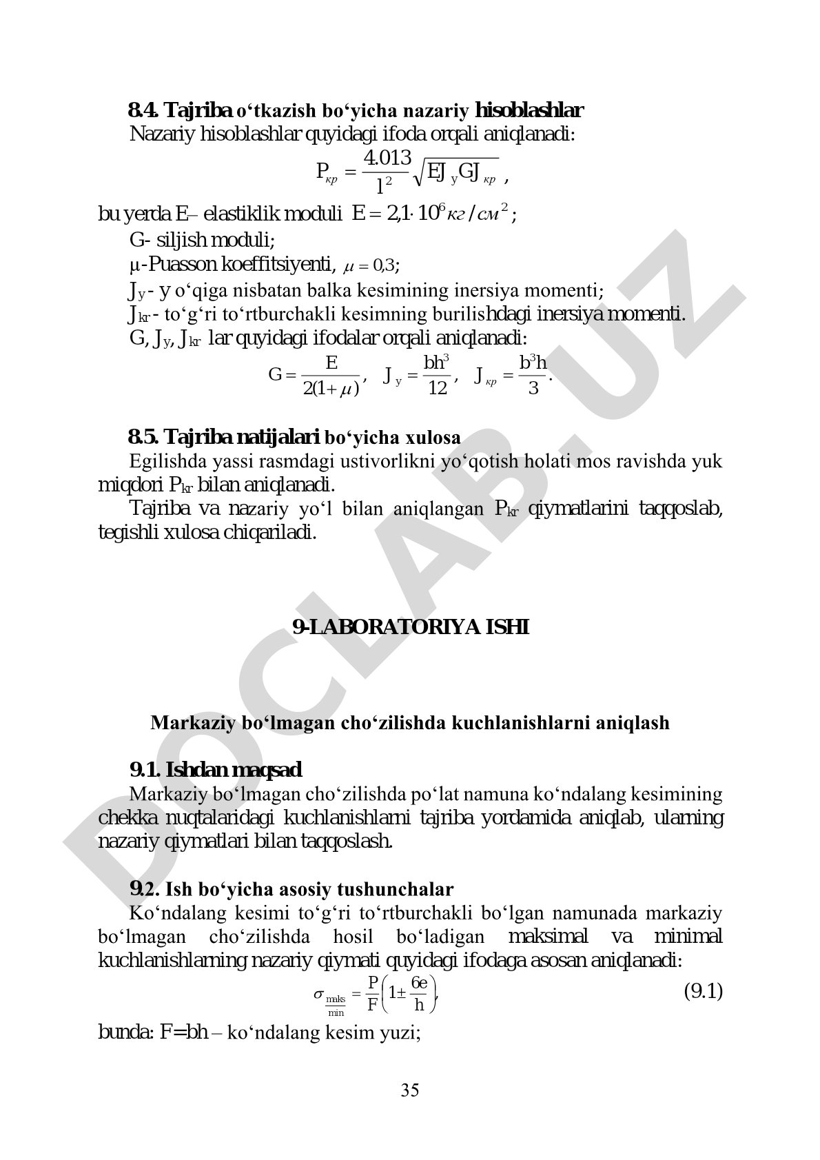 Markaziy bo‘lmagan cho‘zilishda kuchlanishlarni aniqlash