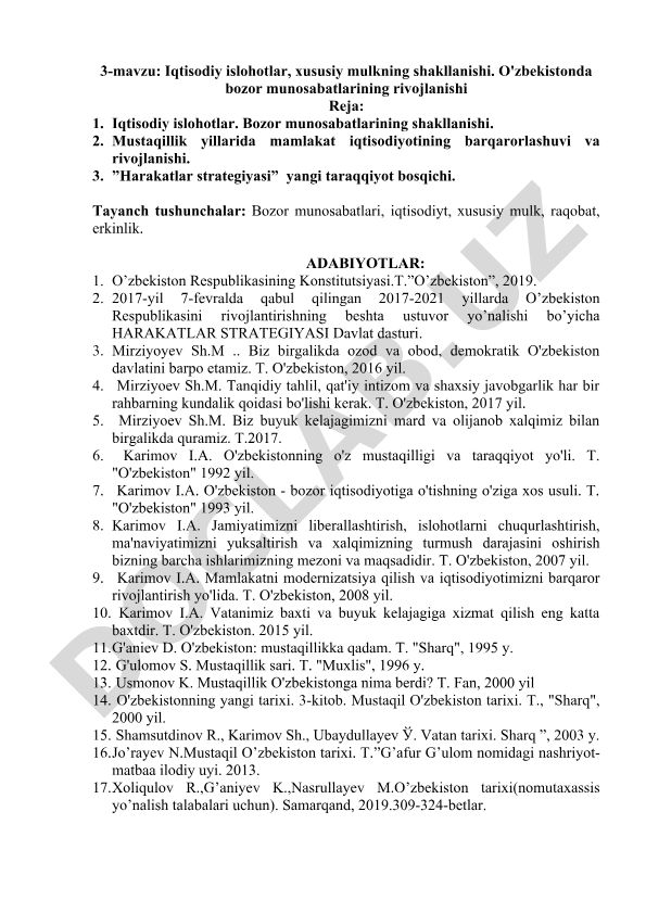 Iqtisodiy islohotlar, xususiy mulkning shakllanishi va bozor munosabatlarining rivojlanishi