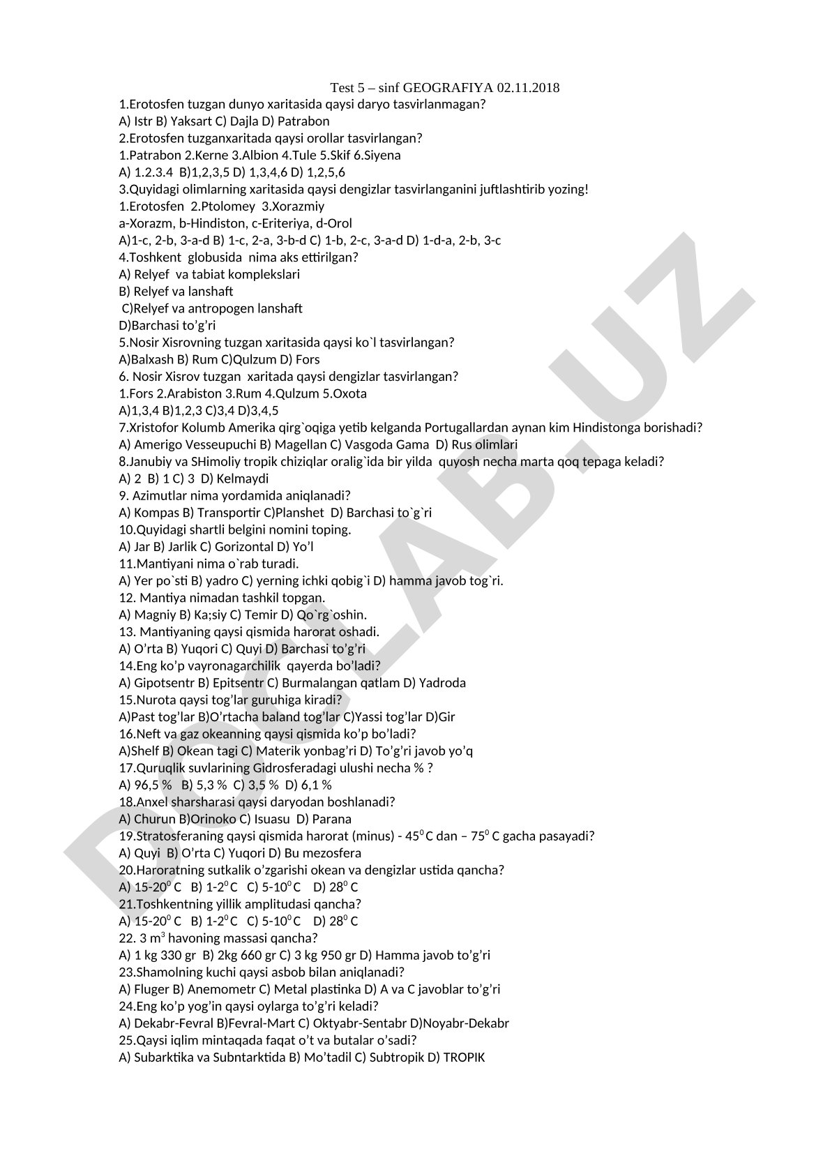 5-sinf geografiya testi