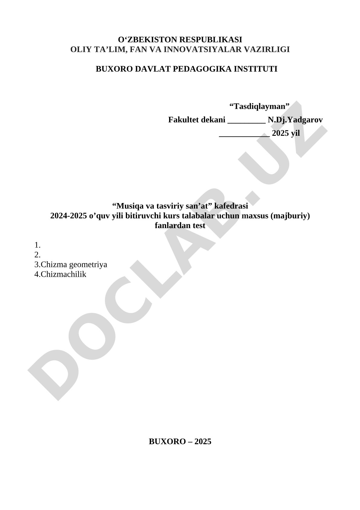 Chizma geometriya va chizmachilik fanidan test savollari