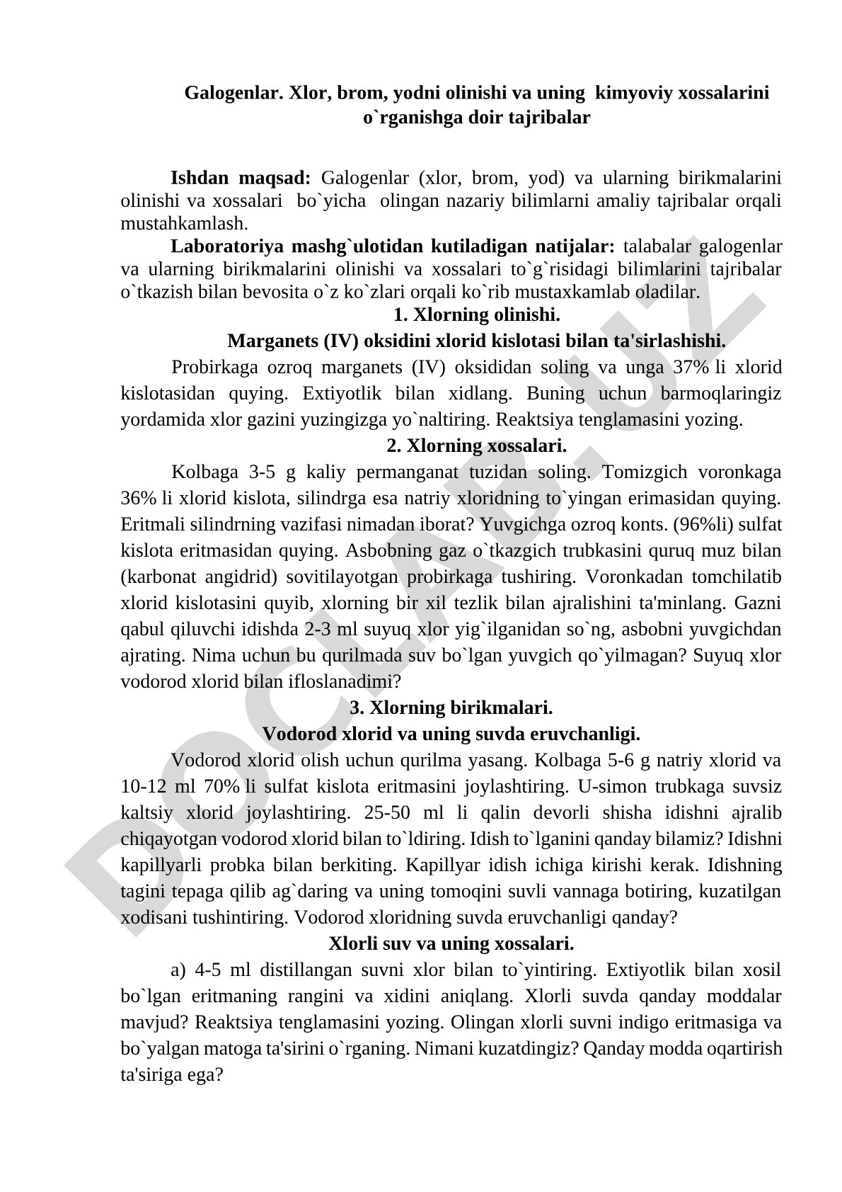 Galogenlar (xlor, brom, yod) olinishi va kimyoviy xossalari