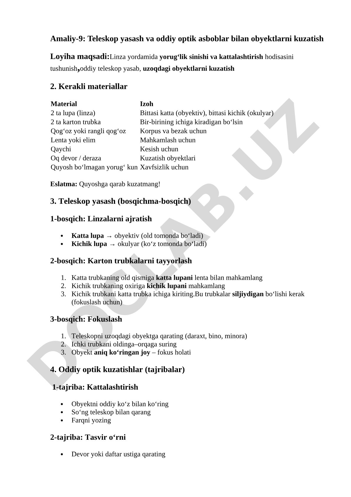 Teleskop yasash va oddiy optik asboblar bilan obyektlarni kuzatish