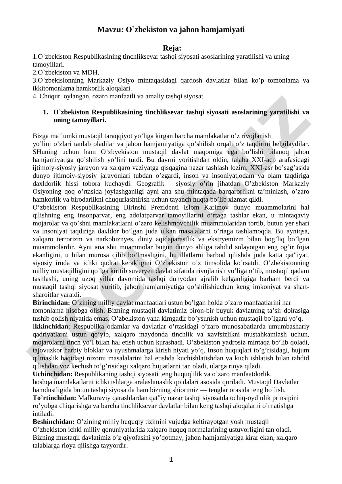 O`zbekiston va jahon hamjamiyati