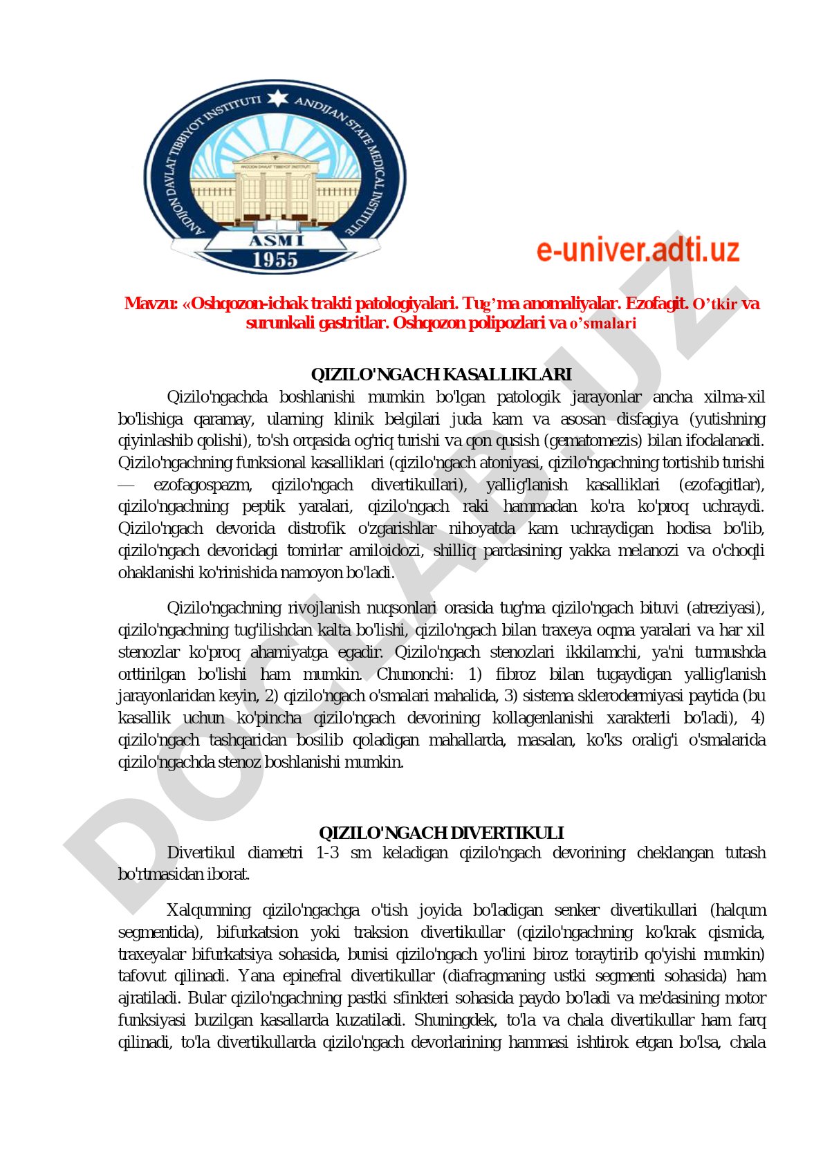 Oshqozon-ichak trakti patologiyalari va qizilo'ngach kasalliklari