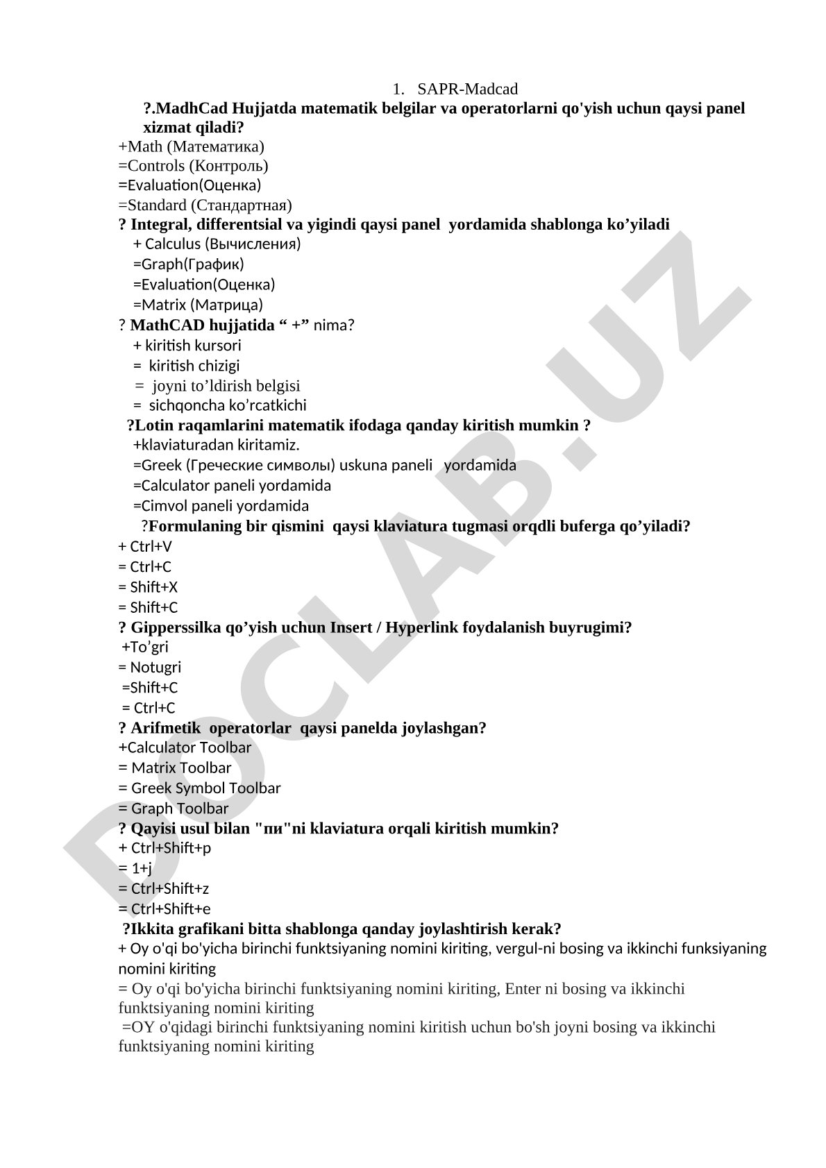 MathCAD hujjatida matematik belgilar va operatorlar paneli