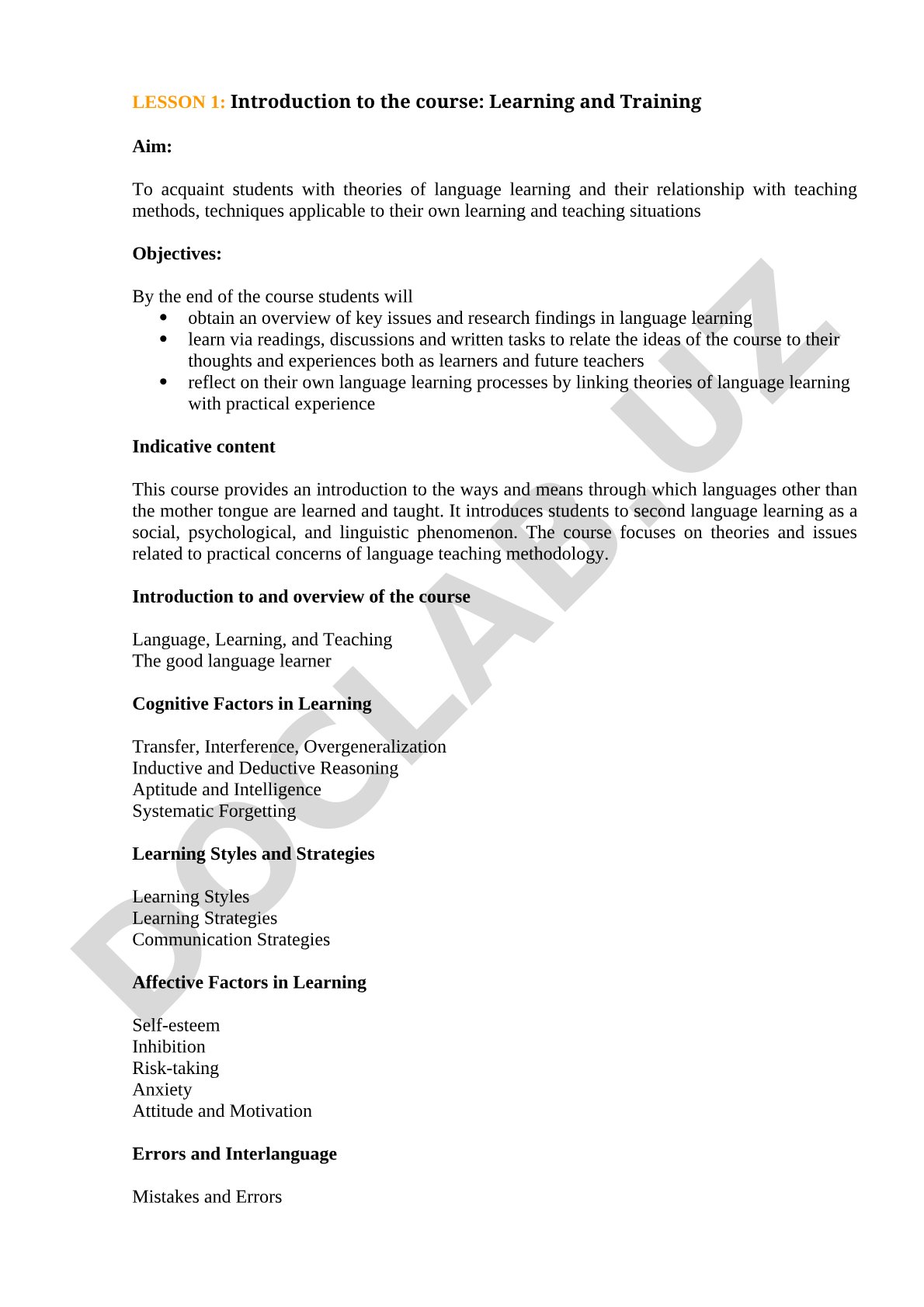 Introduction to the Course: Learning and Training