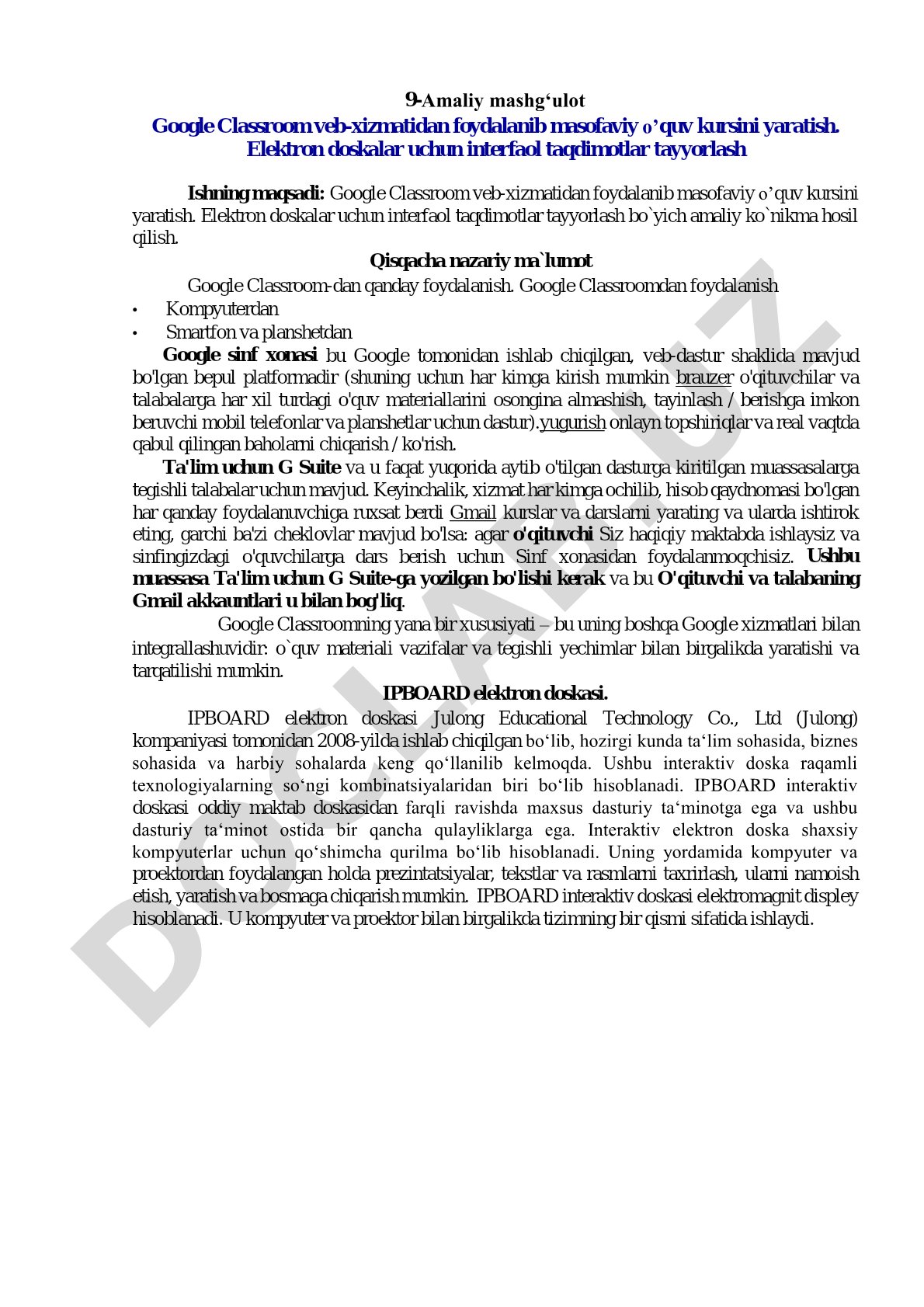 9-Amaliy mashg‘ulot Google Classroom veb-xizmatidan foydalanib masofaviy o’quv kursini yaratish