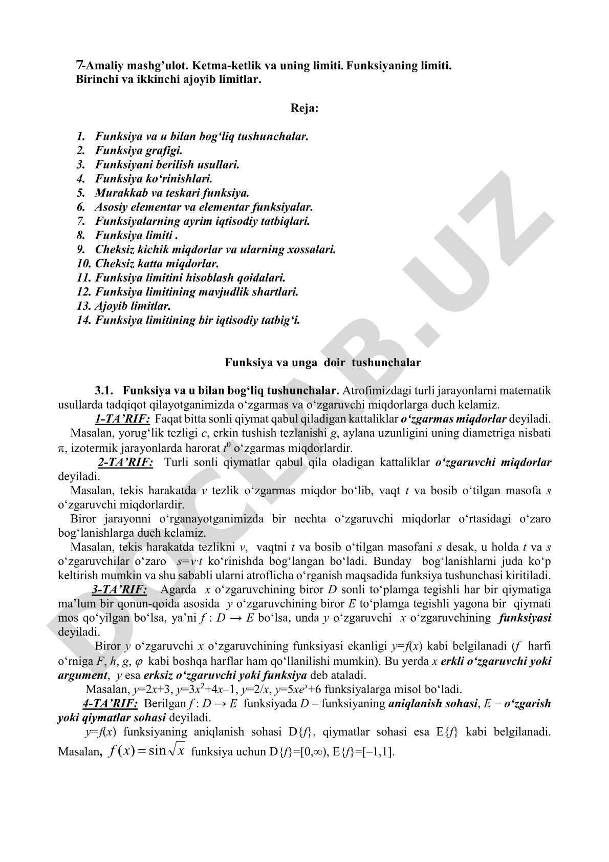 Ketma-ketlik va uning limiti. Funksiyaning limiti. Birinchi va ikkinchi ajoyib limitlar
