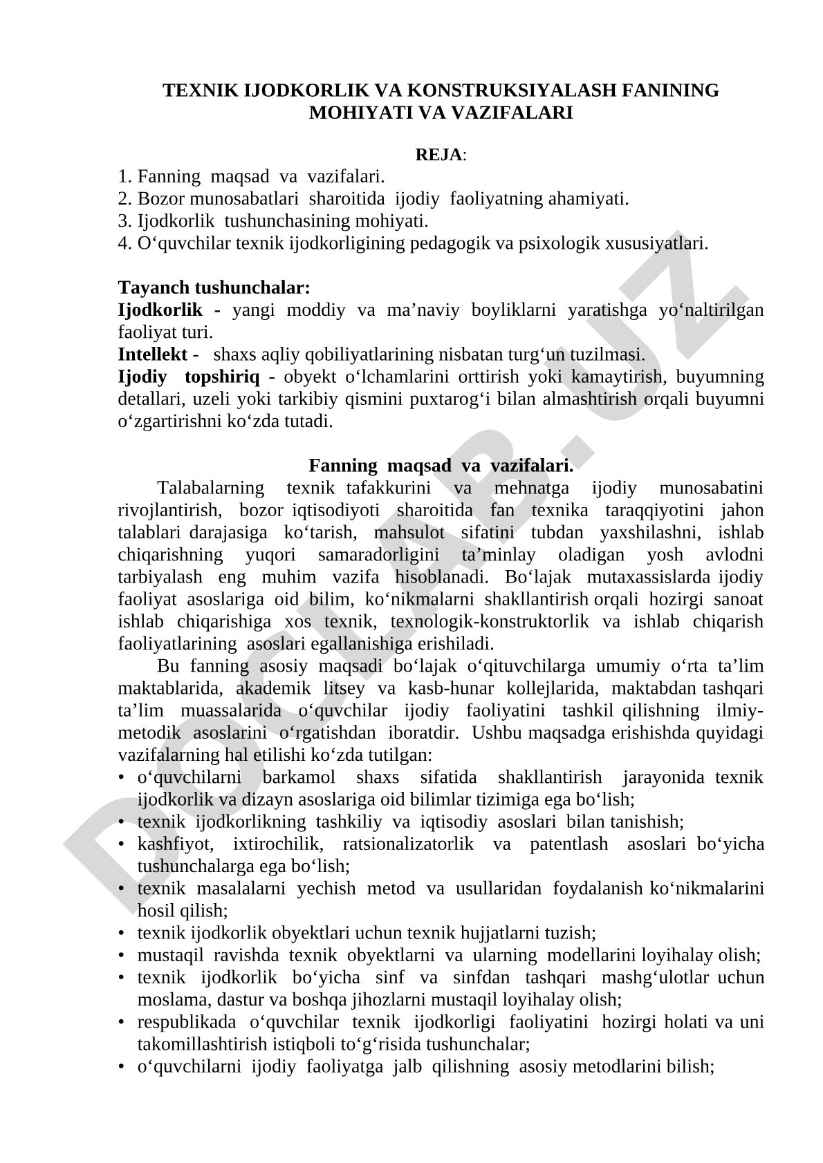 Texnik ijodkorlik va konstruksiyalash fanining mohiyati va vazifalari