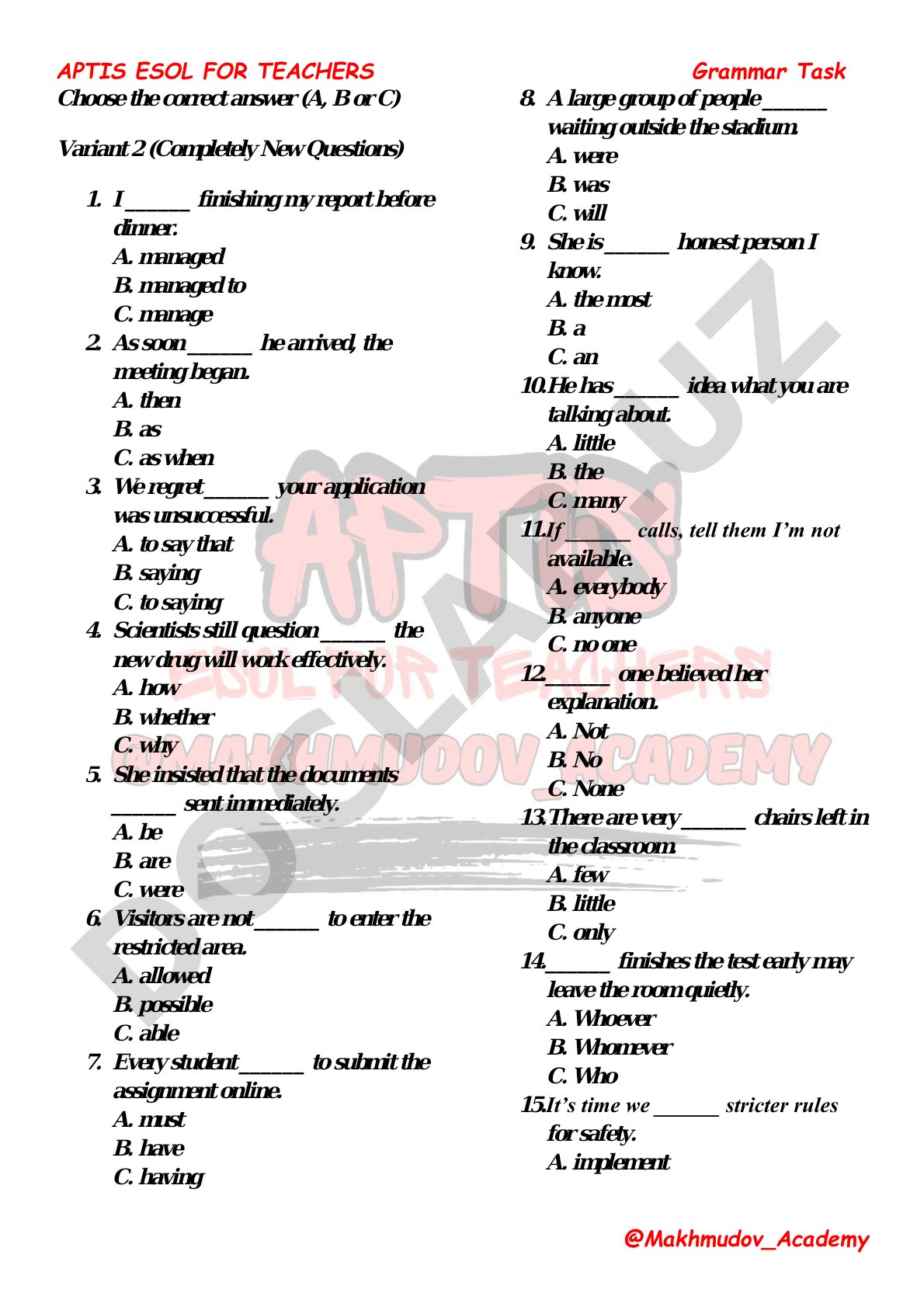APTIS ESOL Grammar Task for Teachers