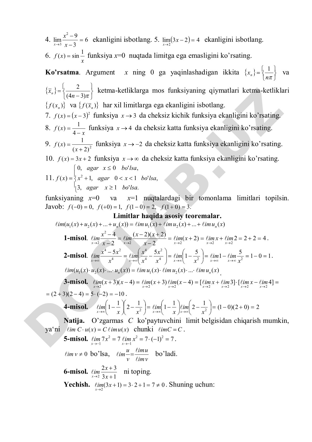 Matematik analizda limitlar mavzusi bo'yicha mashqlar