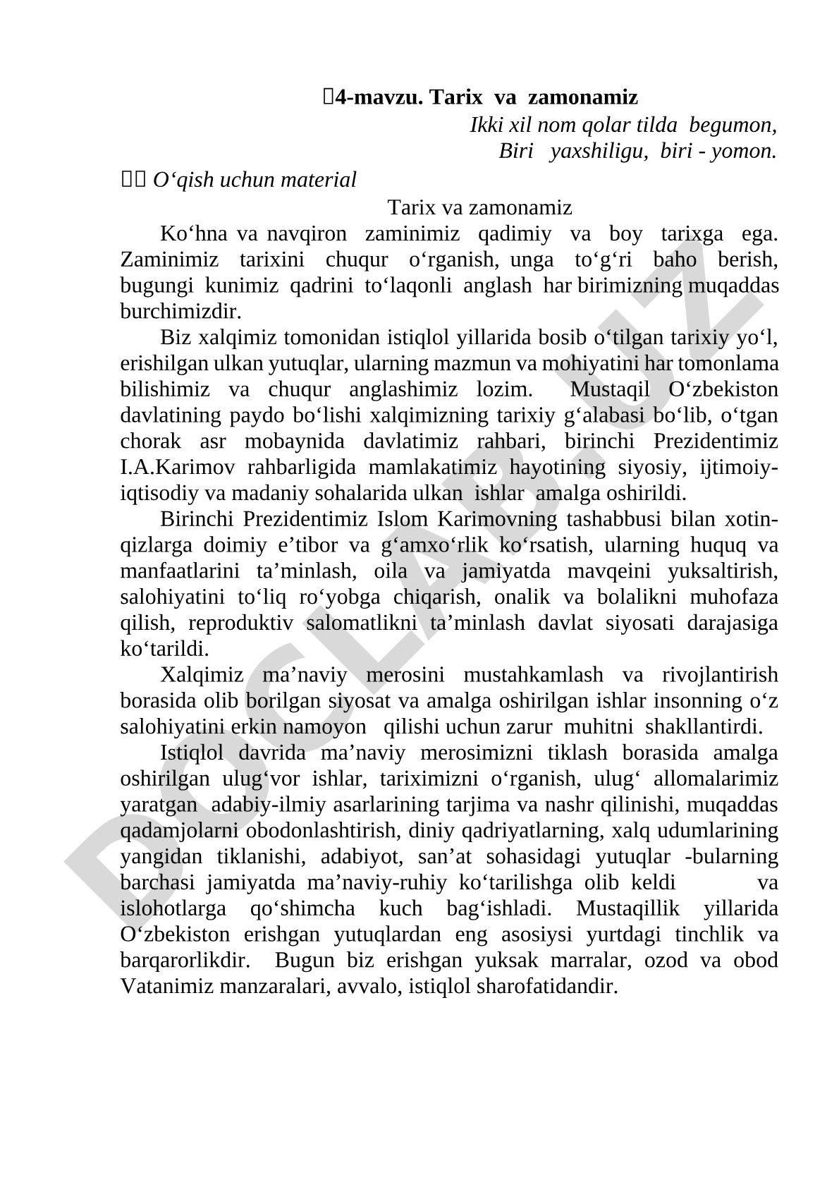 O'zbekiston tarixi, mustaqillik yillari va I.A.Karimov islohotlari haqida o'quv materiali