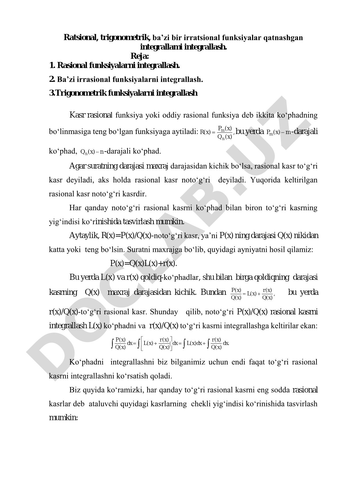 Ratsional, trigonometrik va irratsional funksiyalarni integrallash