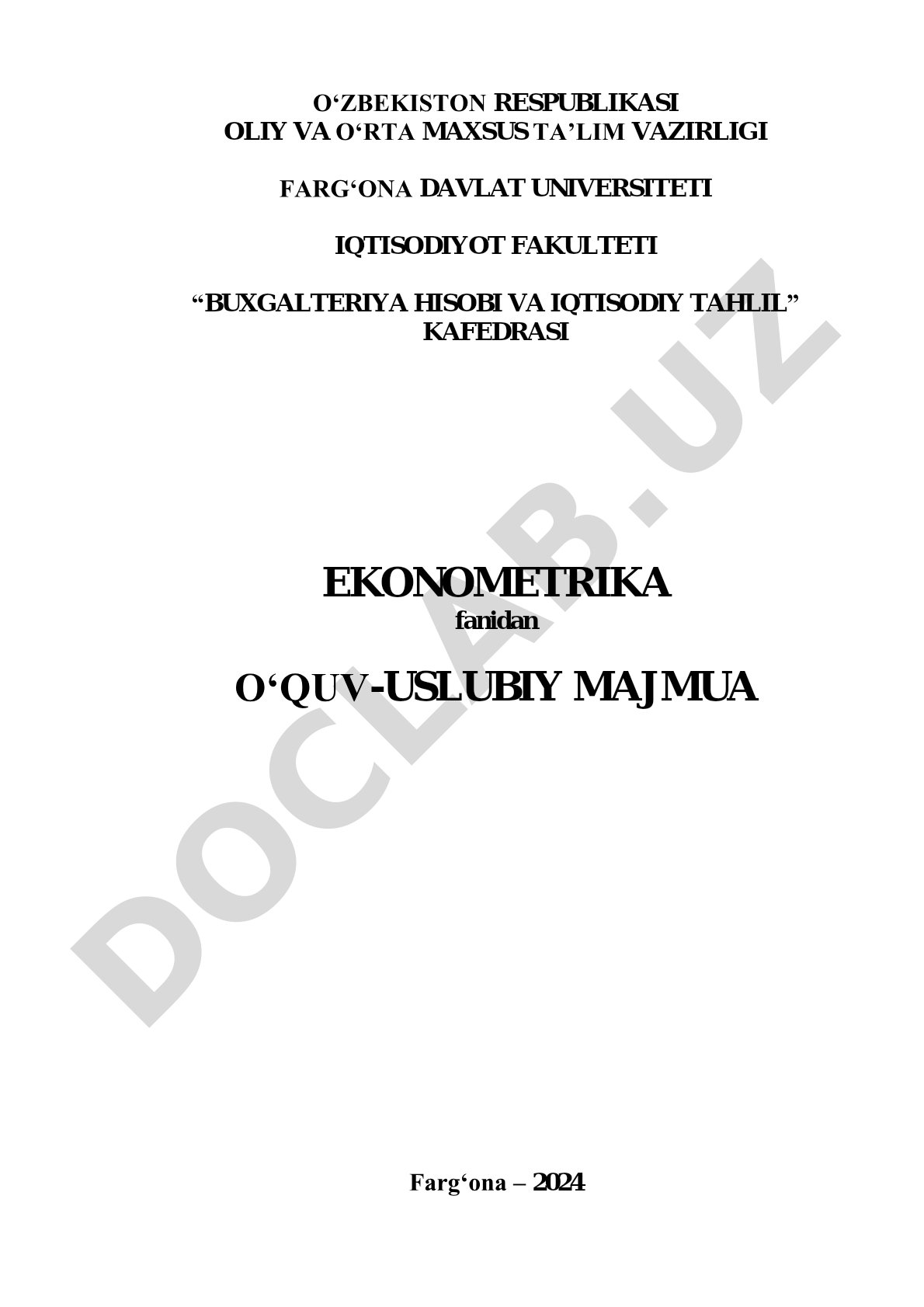 Ekonometrika fanidan o'quv-uslubiy majmua