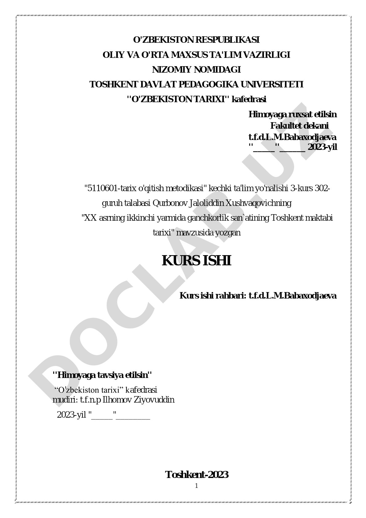 XX asrning ikkinchi yarmida ganchkorlik san`atining Toshkent maktabi tarixi