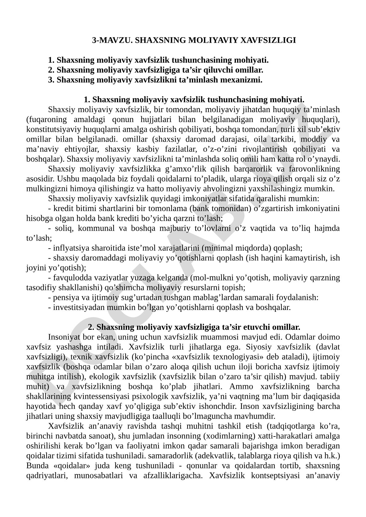 Shaxsning moliyaviy xavfsizligi tushunchasi, omillar va ta'minlash mexanizmi