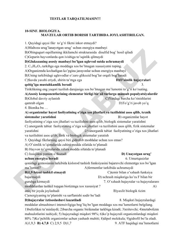 10-sinf biologiya fanidan test savollari