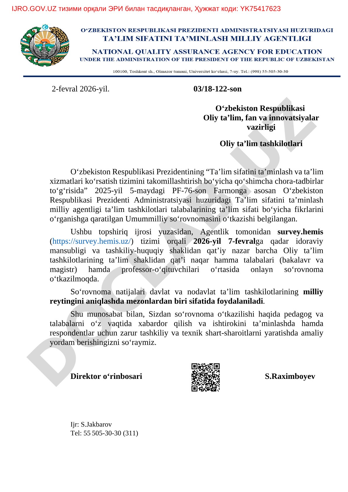 Ta'lim sifati bo'yicha talaba va pedagoglar so'rovnomasi