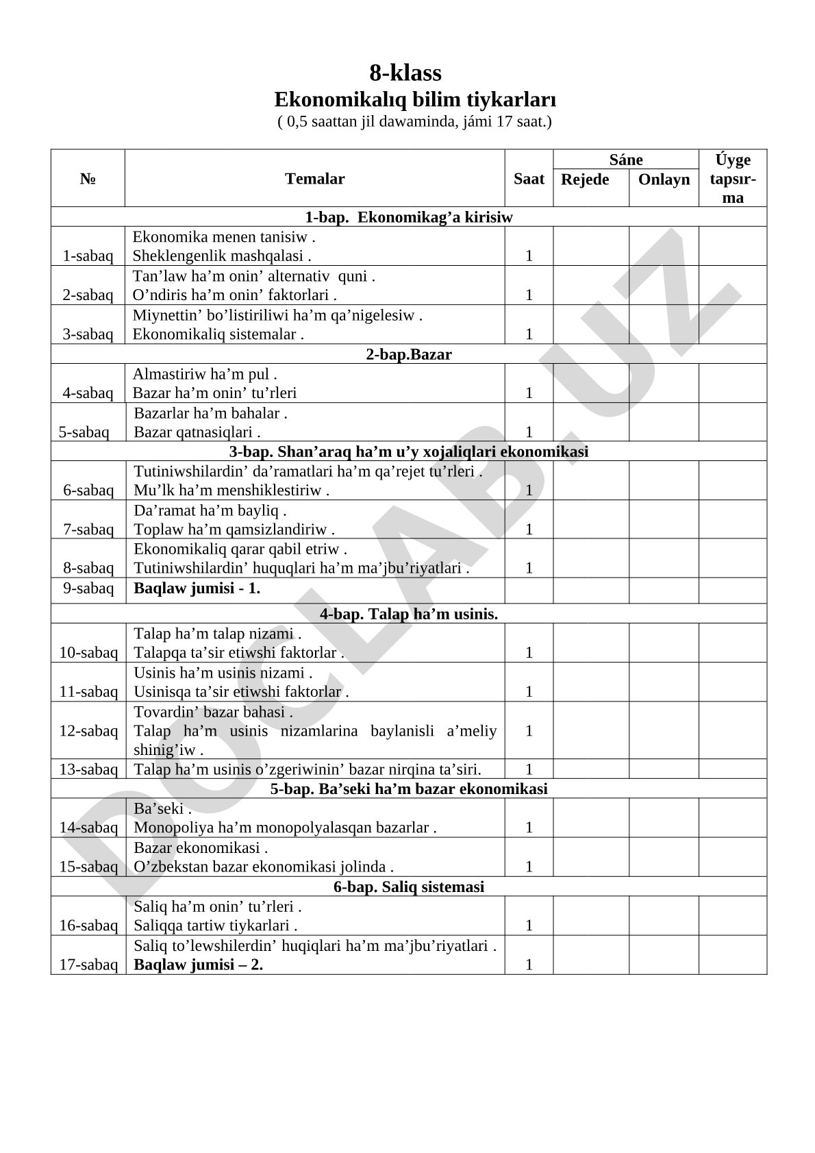 8-klass Ekonomikalıq bilim tiykarları