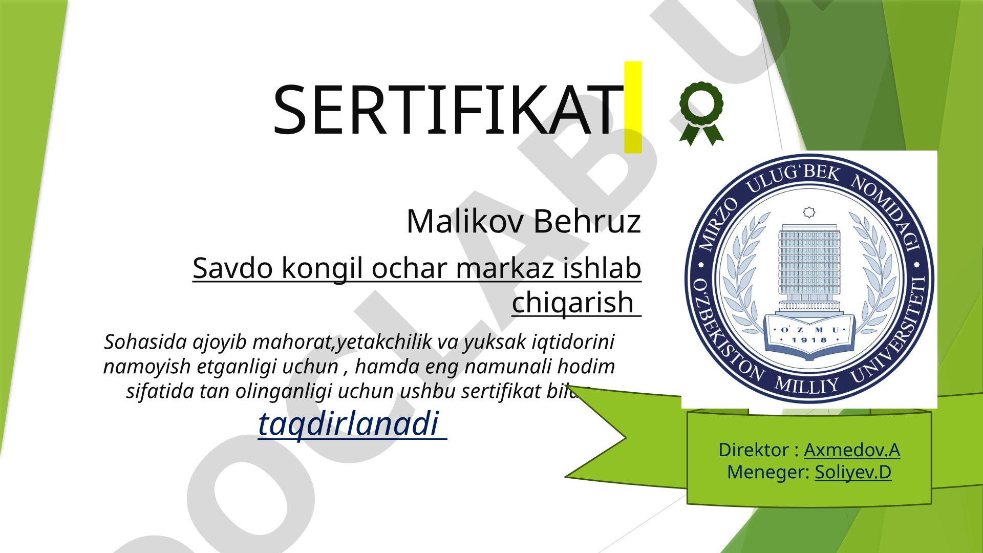 Malikov Behruzga sertifikat
