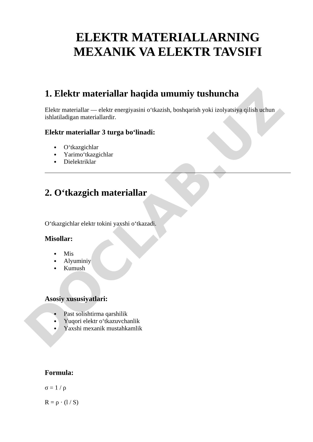 Elektr materiallarning mexanik va elektr tavsifi