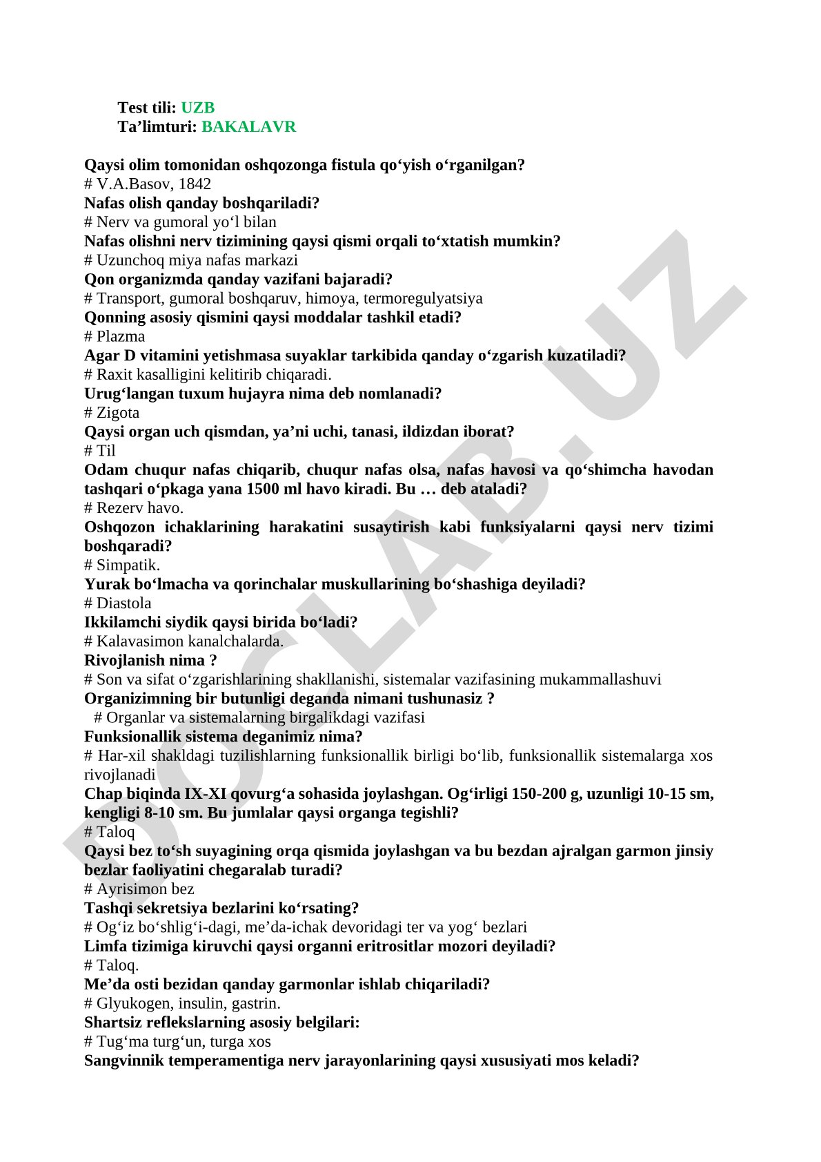 Fiziologiya fanidan test savollari