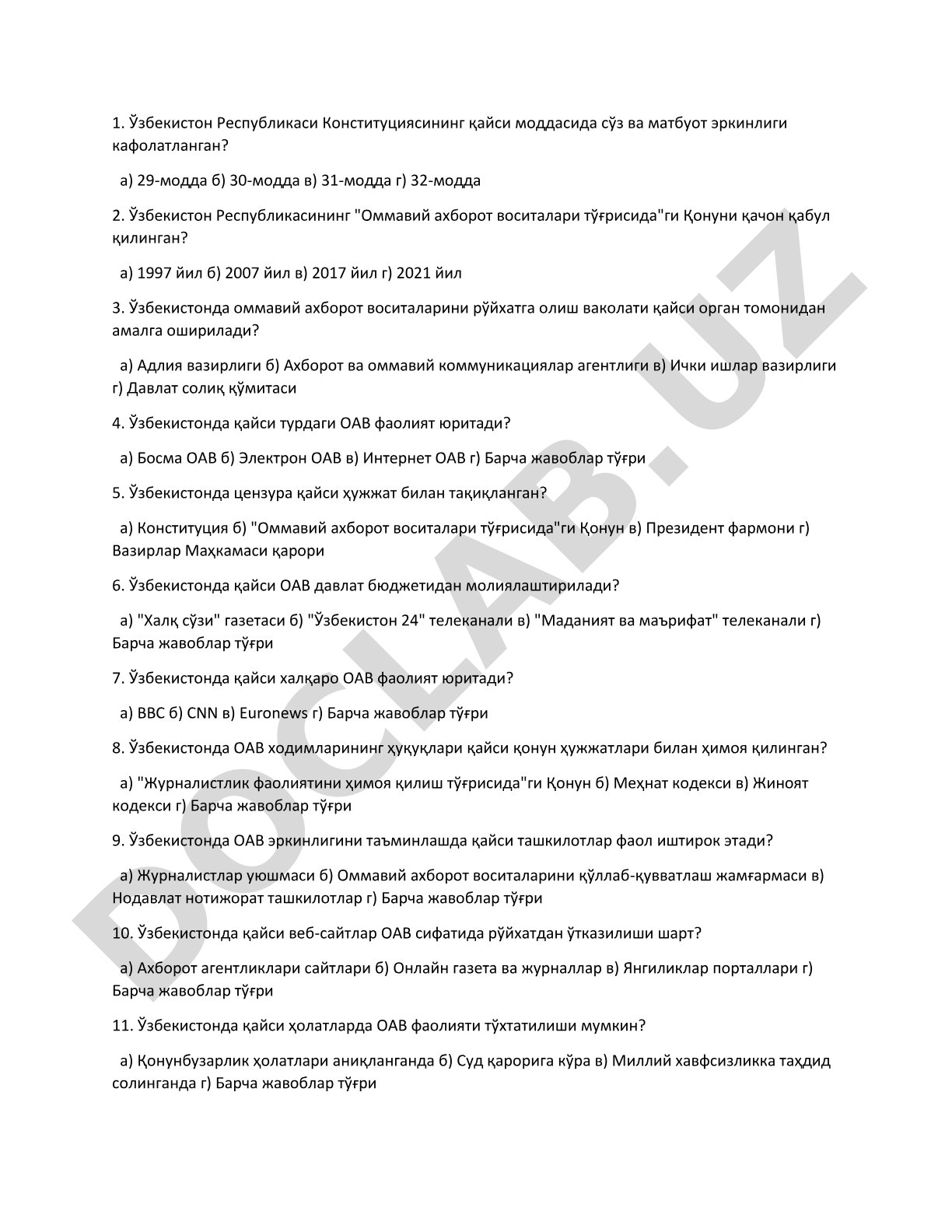 Ommaviy axborot vositalari to'g'risidagi test savollari