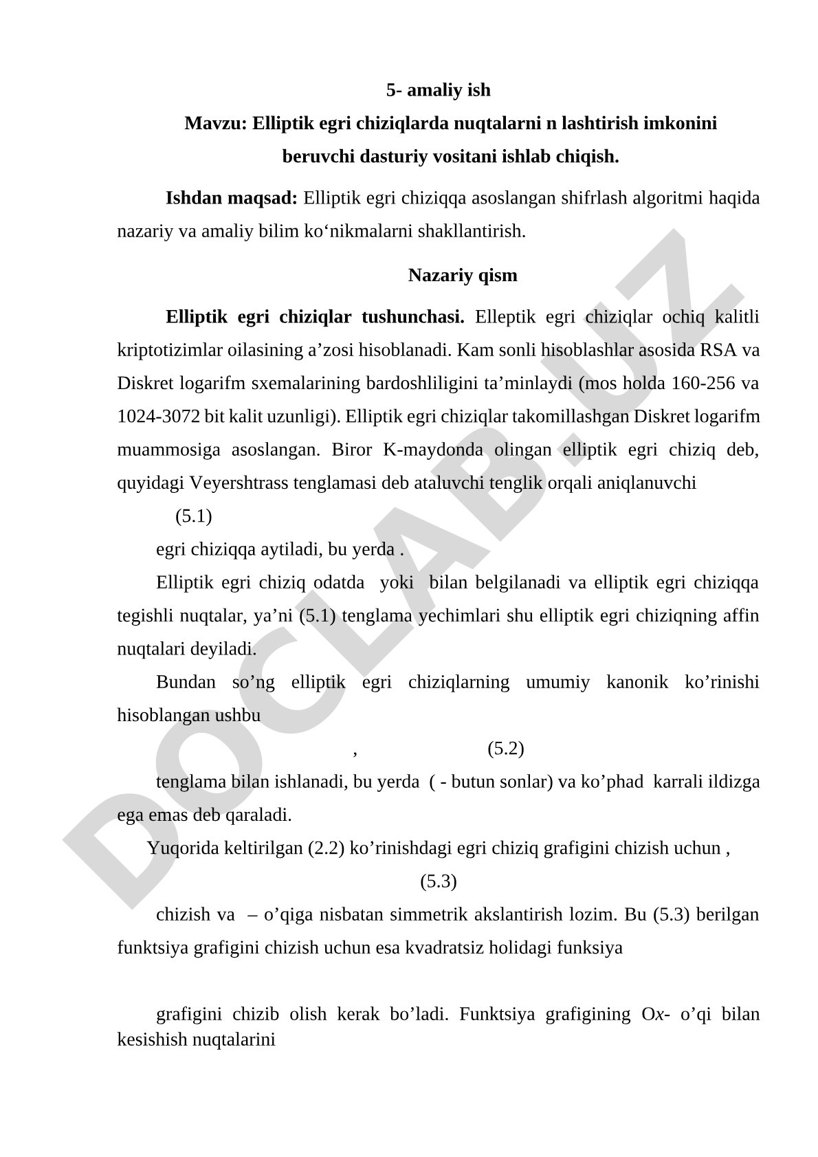 Elliptik egri chiziqlarda nuqtalarni n lashtirish imkonini beruvchi dasturiy vositani ishlab chiqish