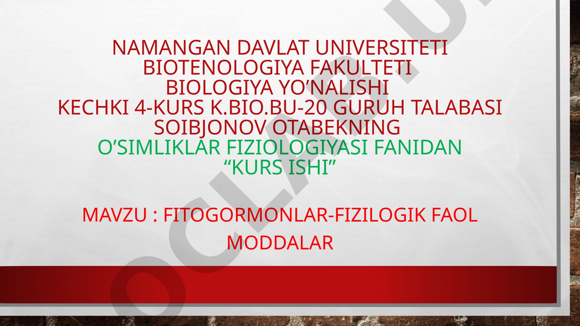 Fitogormonlar haqida umumiy tushuncha, asosiy sinflari, strukturasi va o'simliklarga