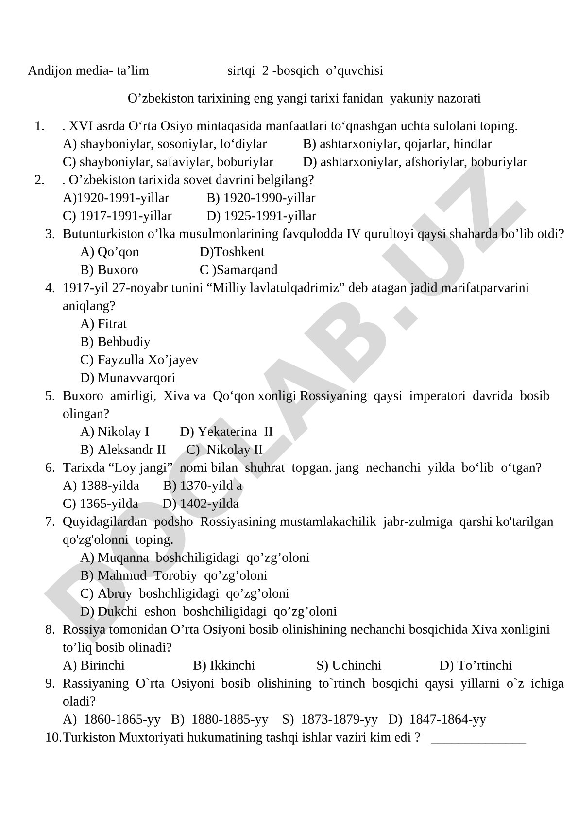 O'zbekiston tarixining eng yangi davri bo'yicha test savollari