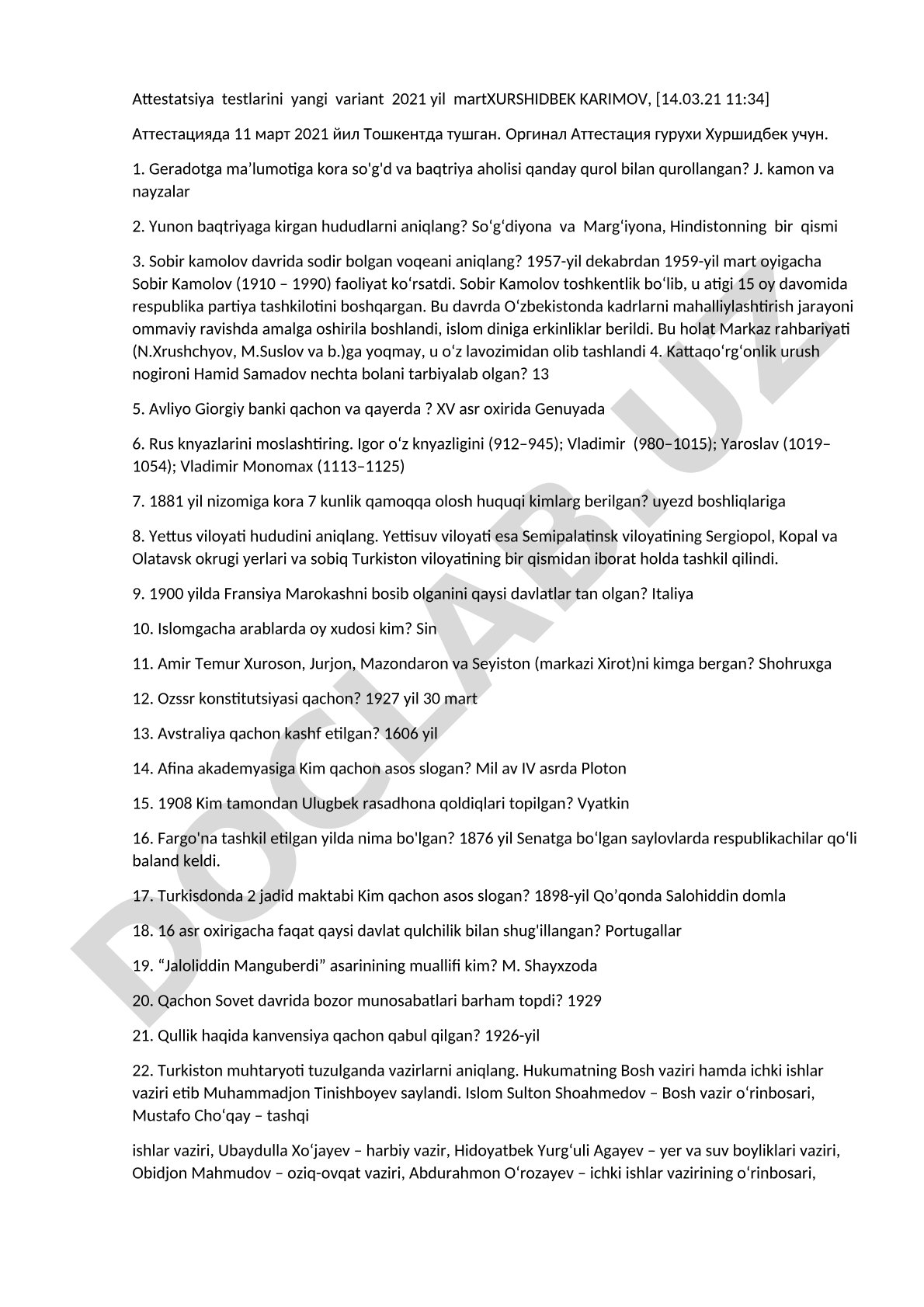 Attestatsiya testlarining yangi varianti, 2021 yil mart