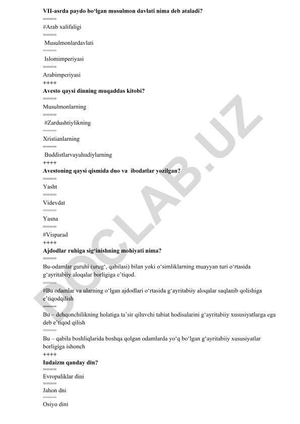 Dunyo dinlari tarixi test savollari