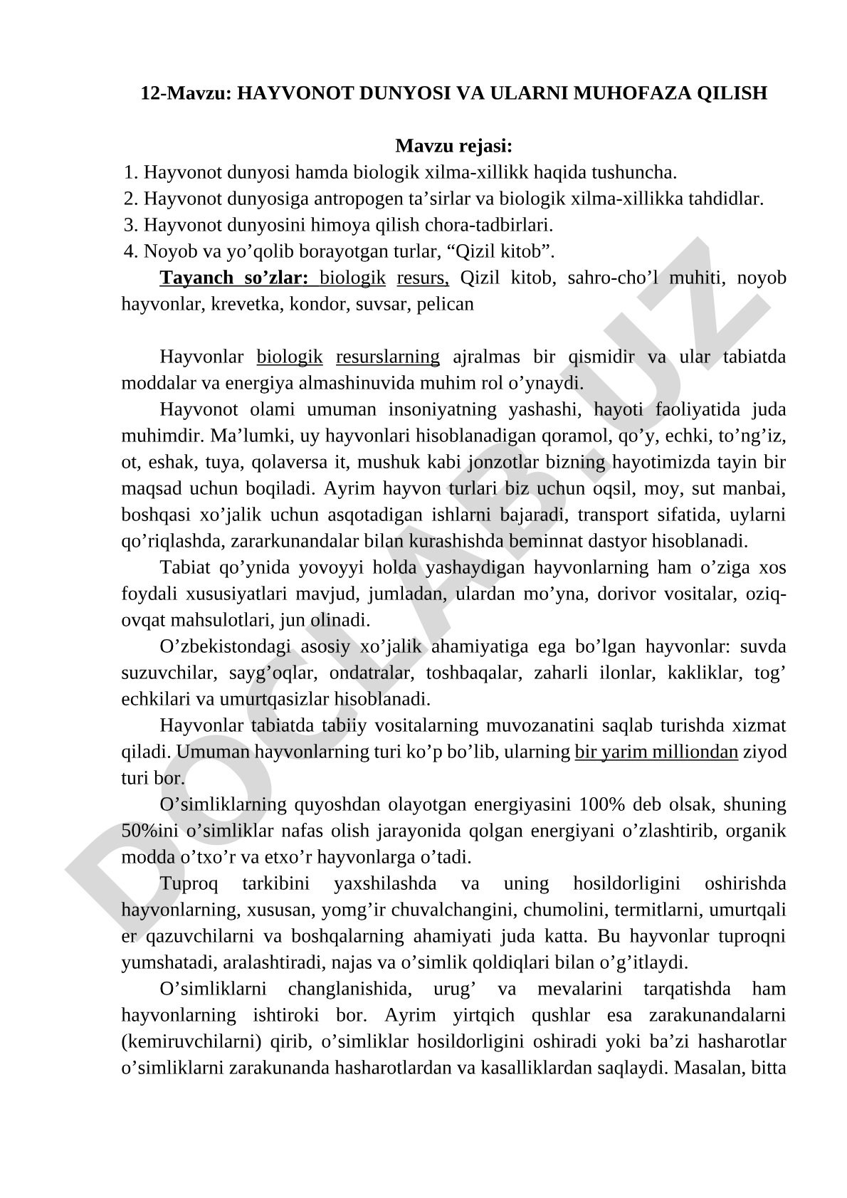 Hayvonot dunyosi va ularni muhofaza qilish