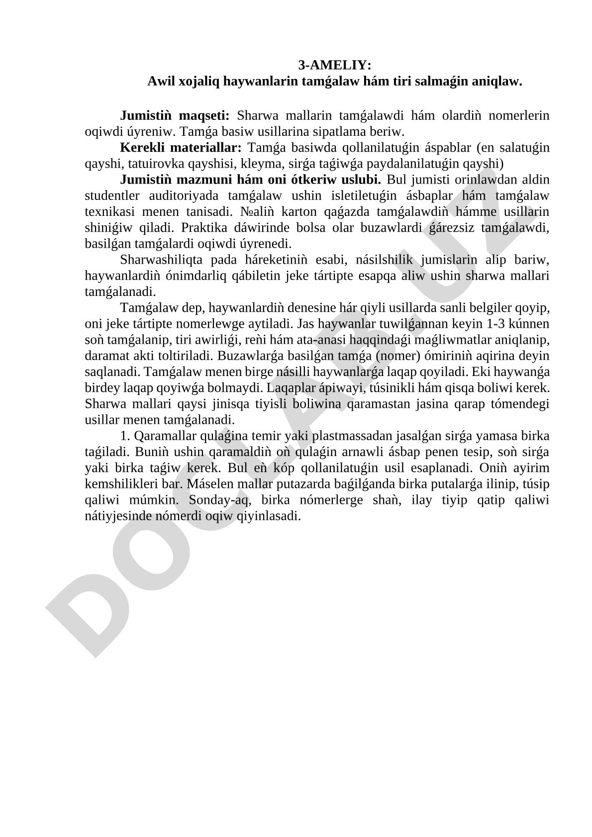 Awil xojaliq haywanlarin tamǵalaw hám tiri salmaǵin aniqlaw