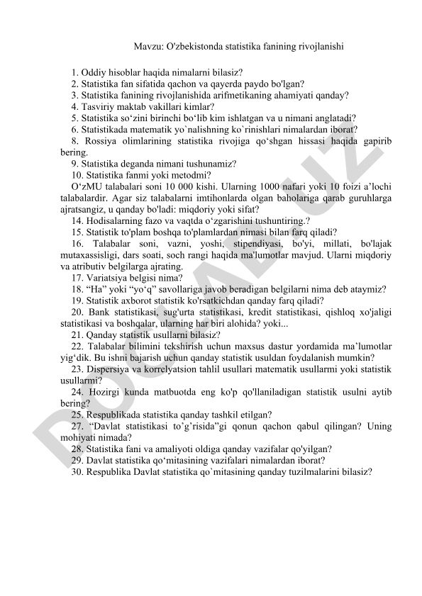O'zbekistonda statistika fanining rivojlanishi